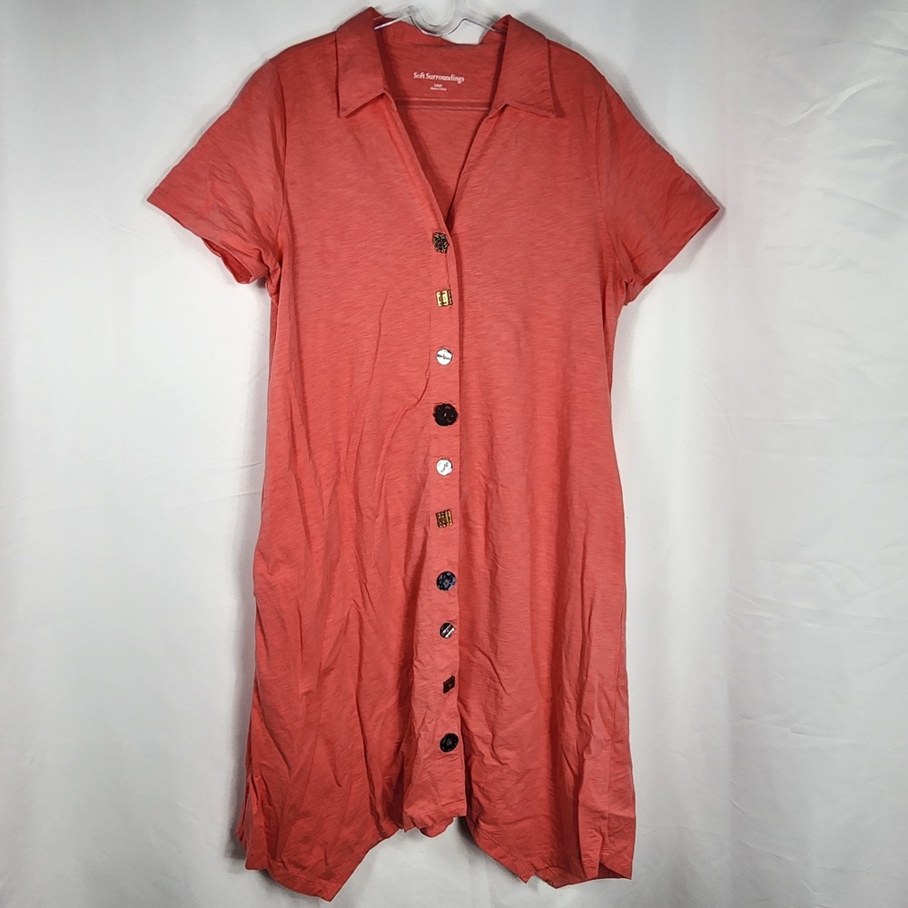 Soft Surroundings Tunic Shirt Dress Slub Knit Coral Boho Artsy Eclectic Large